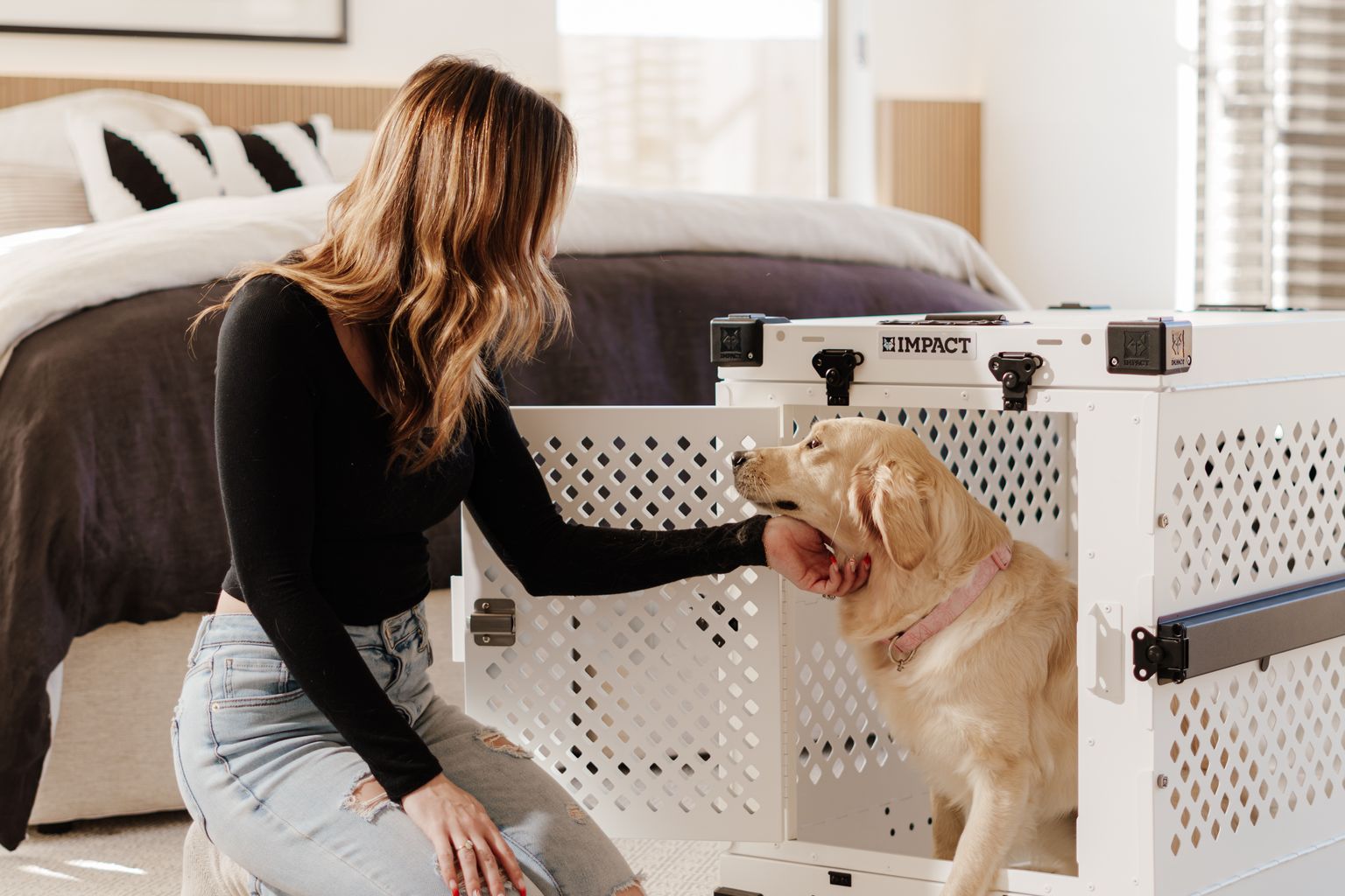 Dog crate training with treats: owner rewarding a golden retriever beside an open crate